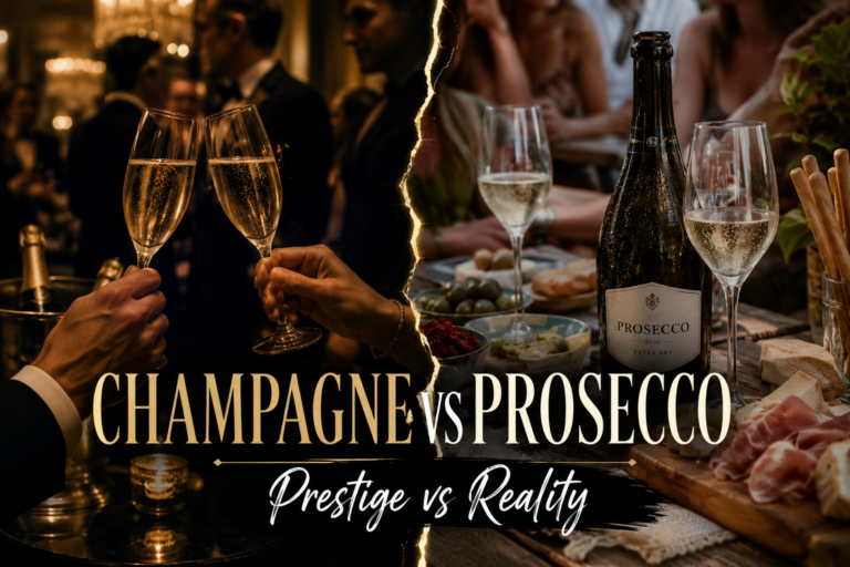 Split scene of Champagne luxury toast and Prosecco casual aperitivo showing difference between prestige and everyday wine culture