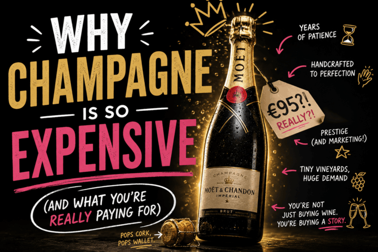 Dramatic featured image showing a luxury Champagne bottle with a spotlight and bold text explaining why Champagne is so expensive and what you're really paying for.