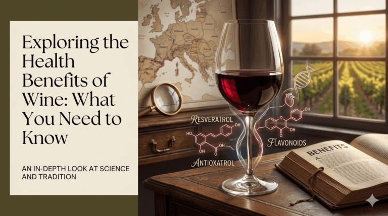 "A glass of red wine on a desk with resveratrol diagrams and text reading 'Exploring the Health Benefits of Wine'."