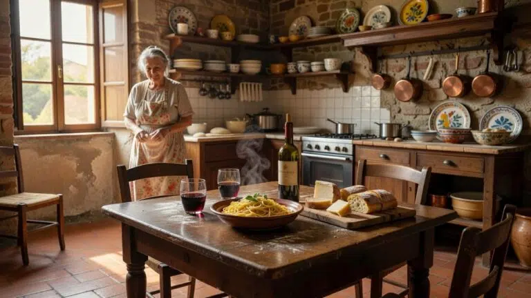 An Italian grandmother watching over a dinner table with wine and pasta