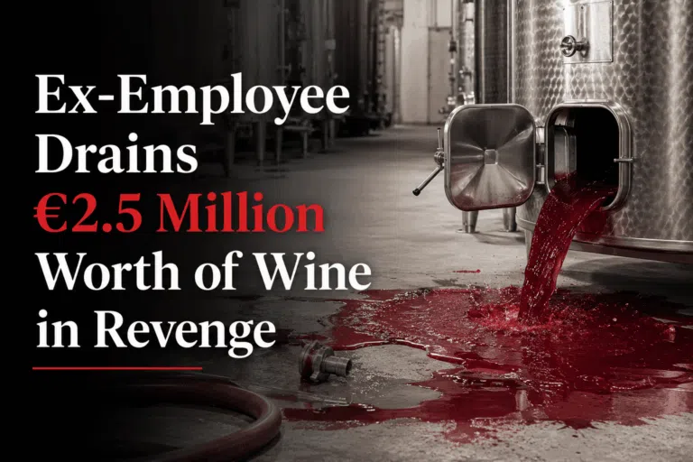 Editorial illustration of red wine pouring from a winery tank with the headline "Ex-Employee Drains €2.5 Million Worth of Wine in Revenge."
