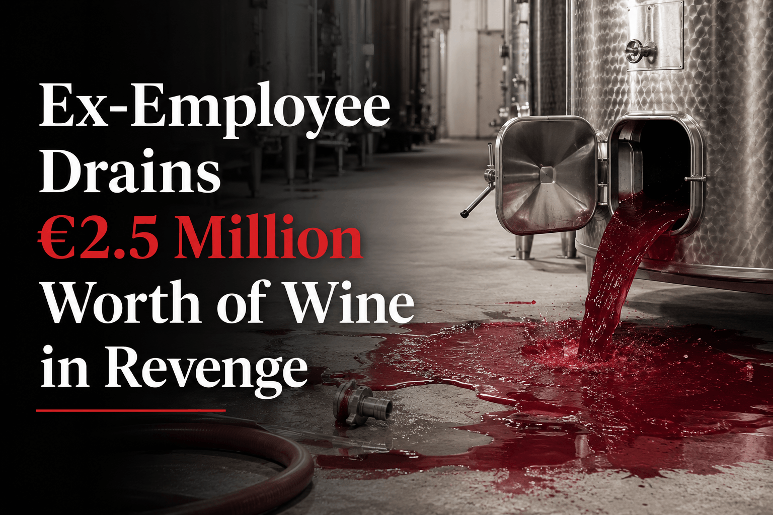 Editorial illustration of red wine pouring from a winery tank with the headline "Ex-Employee Drains €2.5 Million Worth of Wine in Revenge."
