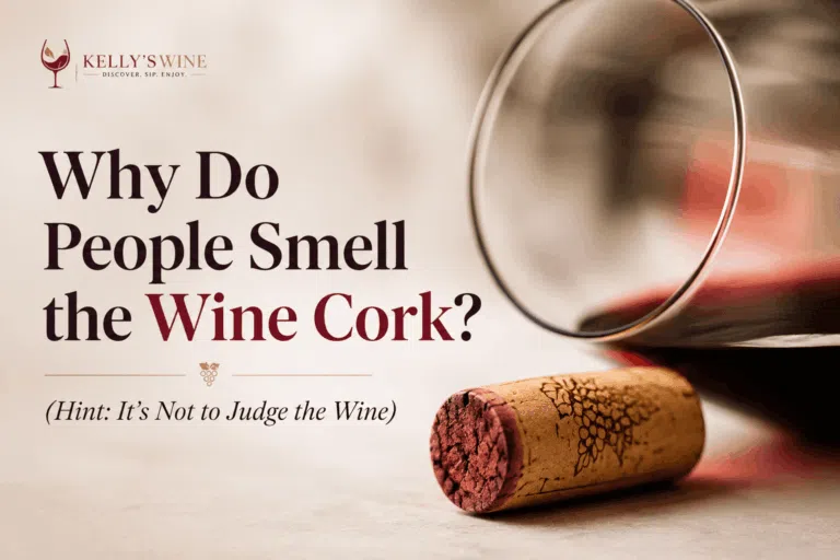 Wine cork beside a glass of red wine illustrating why people smell the wine cork before tasting.