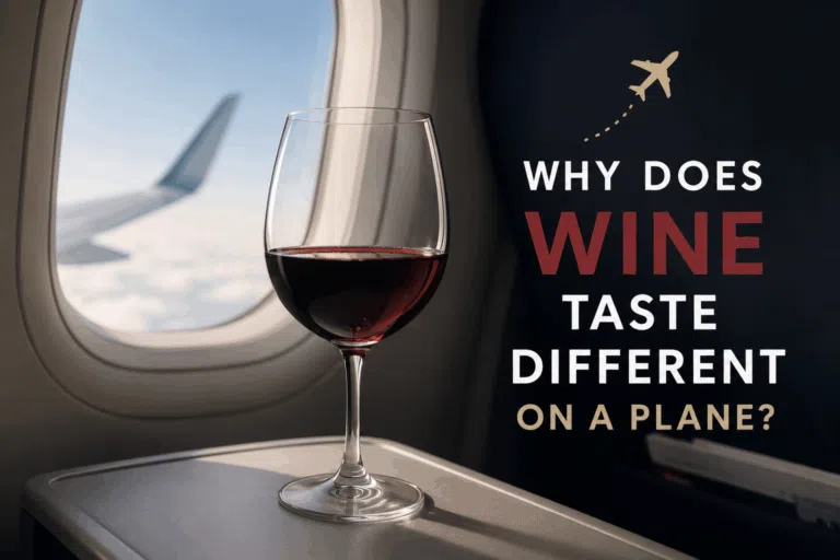 Wine glass on an airplane tray showing how altitude affects wine taste at 35,000 feet