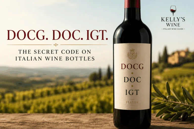 Italian wine bottle showing DOCG DOC and IGT classification labels
