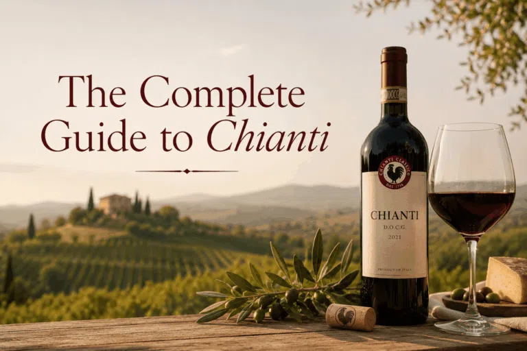 Chianti Classico wine bottle and glass overlooking Tuscan vineyards for The Complete Guide to Chianti