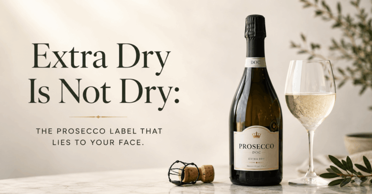 Prosecco Extra Dry bottle and sparkling wine glass illustrating why Extra Dry Prosecco is sweeter than Brut