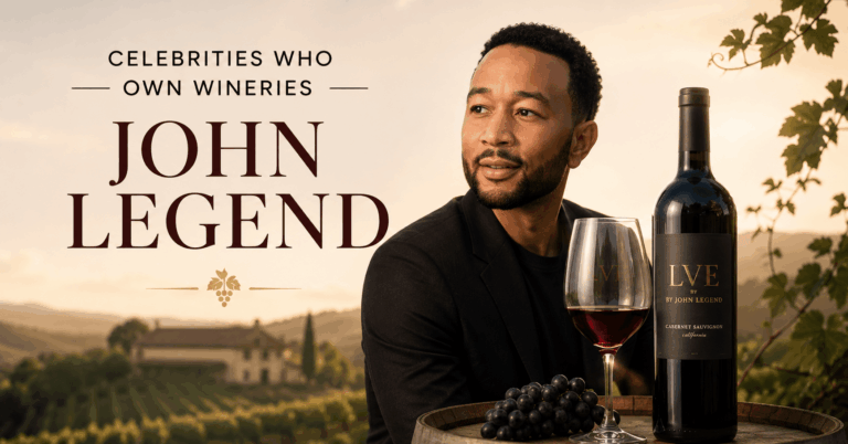 John Legend with a wine bottle and glass in a vineyard representing his celebrity-owned wine brand.