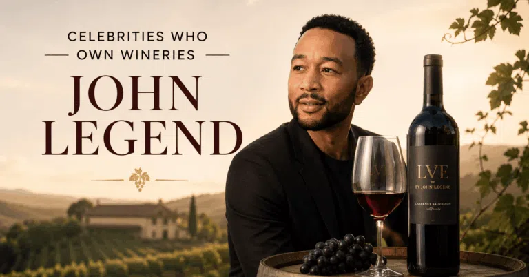 John Legend with a wine bottle and glass in a vineyard representing his celebrity-owned wine brand.