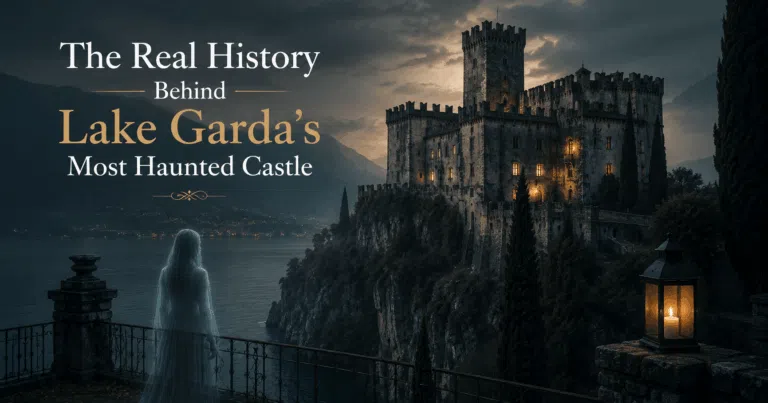 Ancient haunted castle overlooking Lake Garda at dusk with a ghostly figure representing the legends surrounding the castle