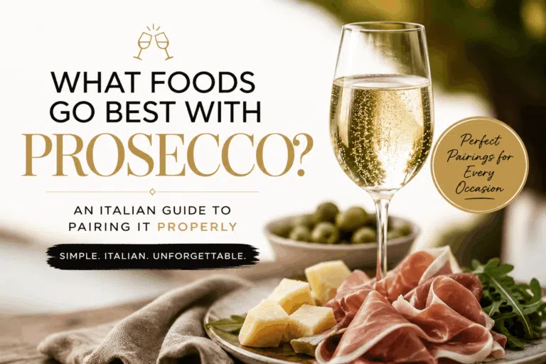 A glass of Prosecco paired with Italian antipasti including cured ham, cheese, and olives, representing traditional Italian food pairing culture