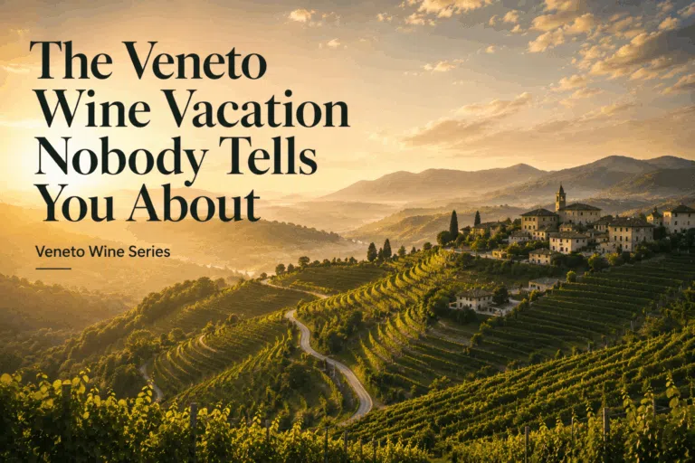 An aerial panoramic view of the steep, terraced vineyards of the Prosecco Hills in Veneto, Italy during a misty golden hour sunrise, featuring the minimal editorial text overlay: The Unseen Veneto. Wine Series.