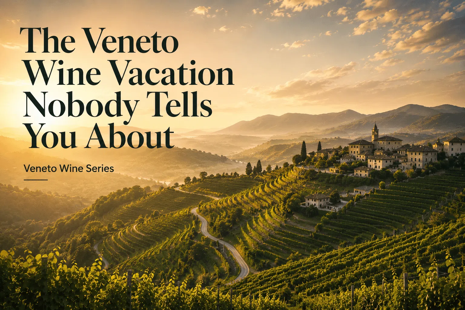 An aerial panoramic view of the steep, terraced vineyards of the Prosecco Hills in Veneto, Italy during a misty golden hour sunrise, featuring the minimal editorial text overlay: The Unseen Veneto. Wine Series.