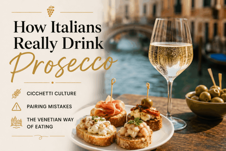 Italian aperitivo table with Prosecco glass and cicchetti small plates representing Venetian drinking culture.
