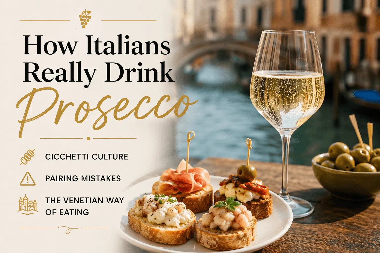 Italian aperitivo table with Prosecco glass and cicchetti small plates representing Venetian drinking culture.