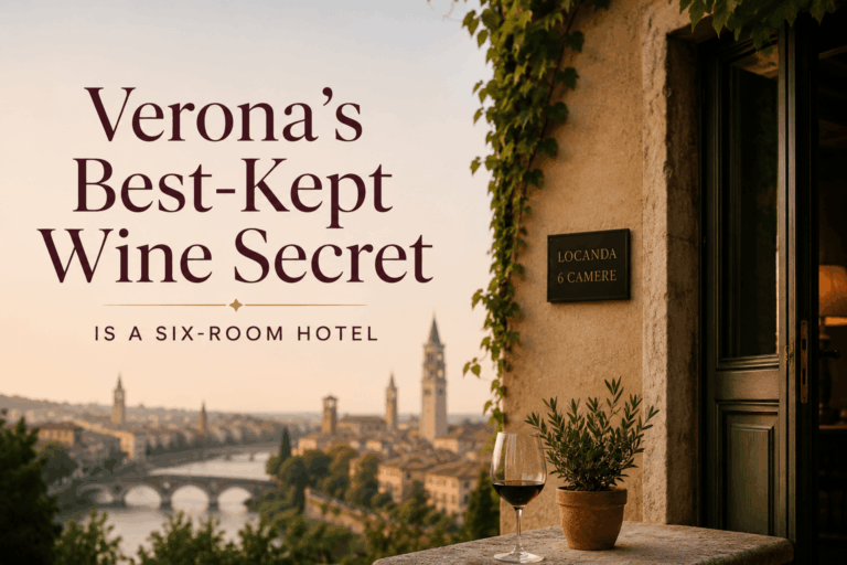 erial view of a secluded six-room boutique hotel and historic estate surrounded by lush vineyards in Verona's wine country.