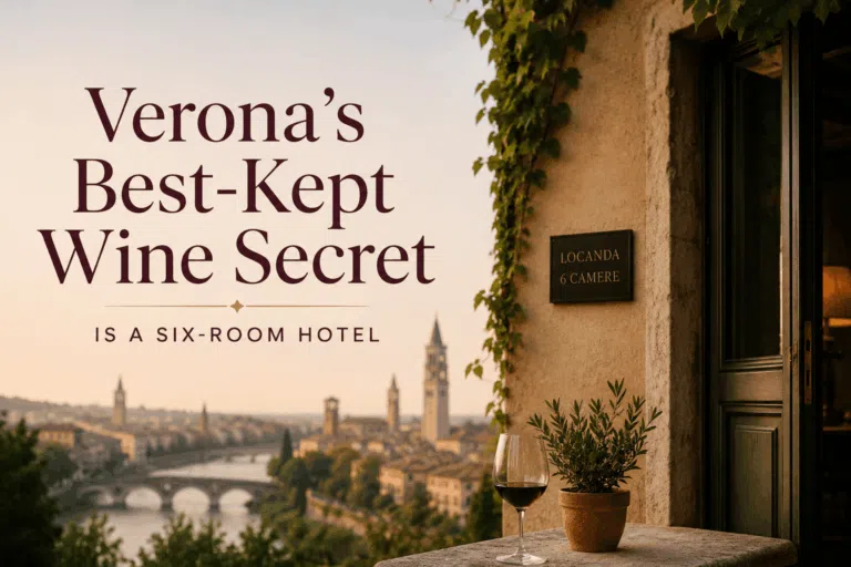 erial view of a secluded six-room boutique hotel and historic estate surrounded by lush vineyards in Verona's wine country.