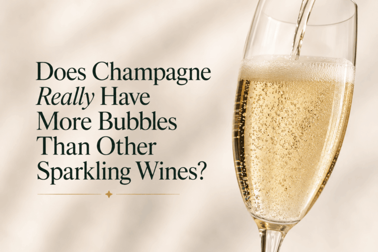 Champagne flute with fine bubbles beside the title "Does Champagne Really Have More Bubbles Than Other Sparkling Wines?"