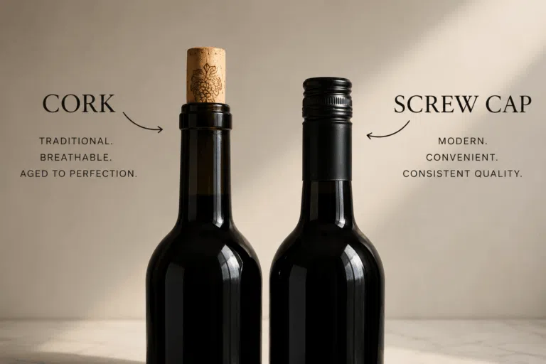 Two identical wine bottles displayed side by side, one sealed with a traditional natural cork and the other with a modern screw cap, highlighting the difference between the two wine bottle closures.