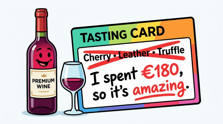 Funny illustrated wine tasting card comparing official tasting notes with an honest wine review beside a wine bottle and glass.