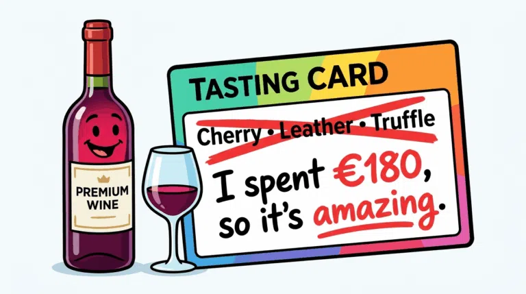 Funny illustrated wine tasting card comparing official tasting notes with an honest wine review beside a wine bottle and glass.