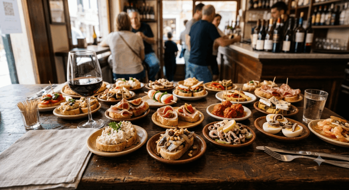A wide variety of traditional Venetian cicchetti appetizers spread across a rustic wooden table in a busy bacaro, featuring baccalร mantecato, sarde in saor, polpette, and a glass of red wine.