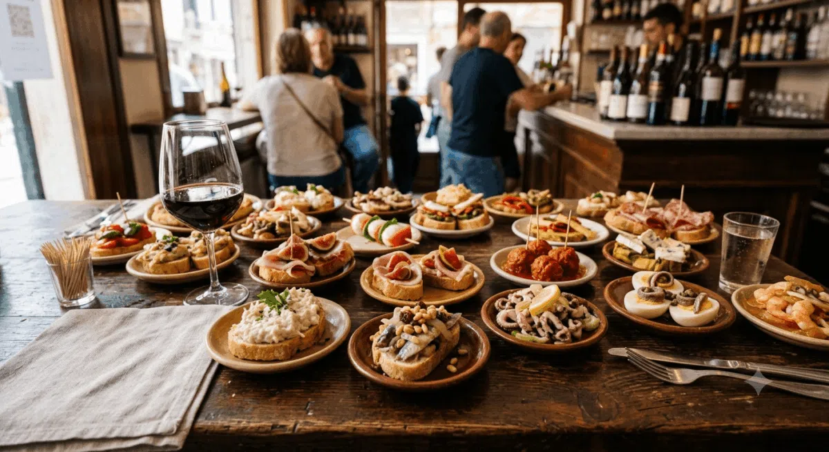 A wide variety of traditional Venetian cicchetti appetizers spread across a rustic wooden table in a busy bacaro, featuring baccalร mantecato, sarde in saor, polpette, and a glass of red wine.
