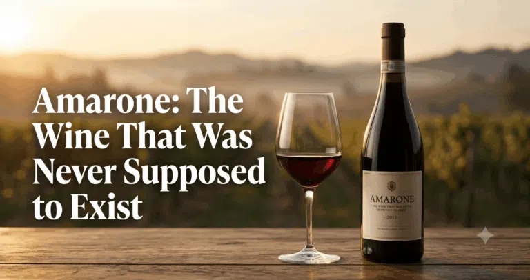 "A bottle of Amarone red wine and glass on a wooden table with Valpolicella vineyard hills in the background and text reading Amarone: The Wine That Was Never Supposed to Exist."