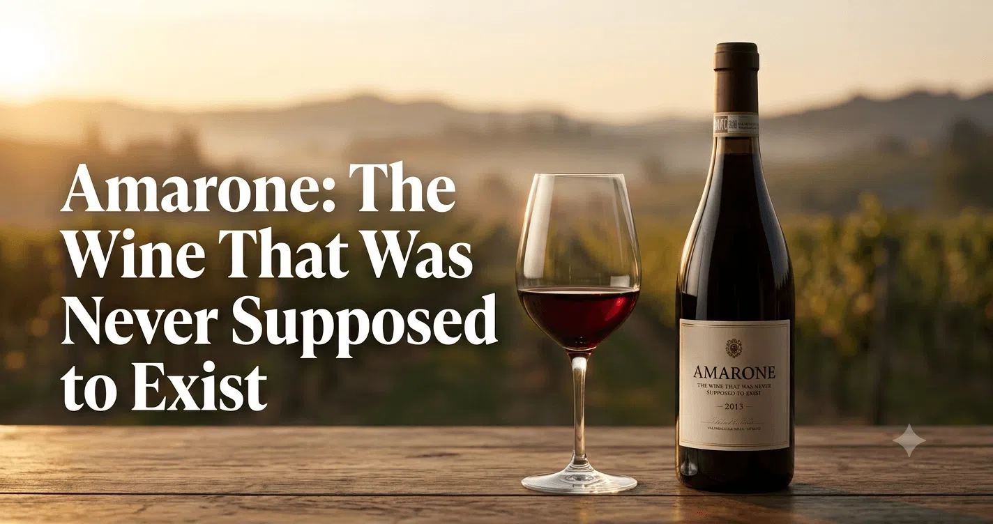 "A bottle of Amarone red wine and glass on a wooden table with Valpolicella vineyard hills in the background and text reading Amarone: The Wine That Was Never Supposed to Exist."