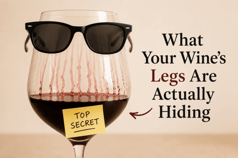 Minimal illustration of a wine glass with visible wine legs, wearing sunglasses and hiding a secret note, explaining what wine legs reveal about alcohol and body.