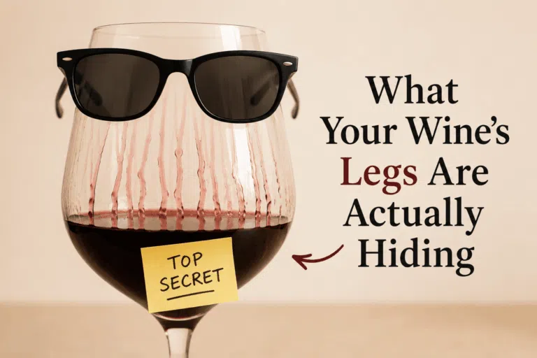 Minimal illustration of a wine glass with visible wine legs, wearing sunglasses and hiding a secret note, explaining what wine legs reveal about alcohol and body.