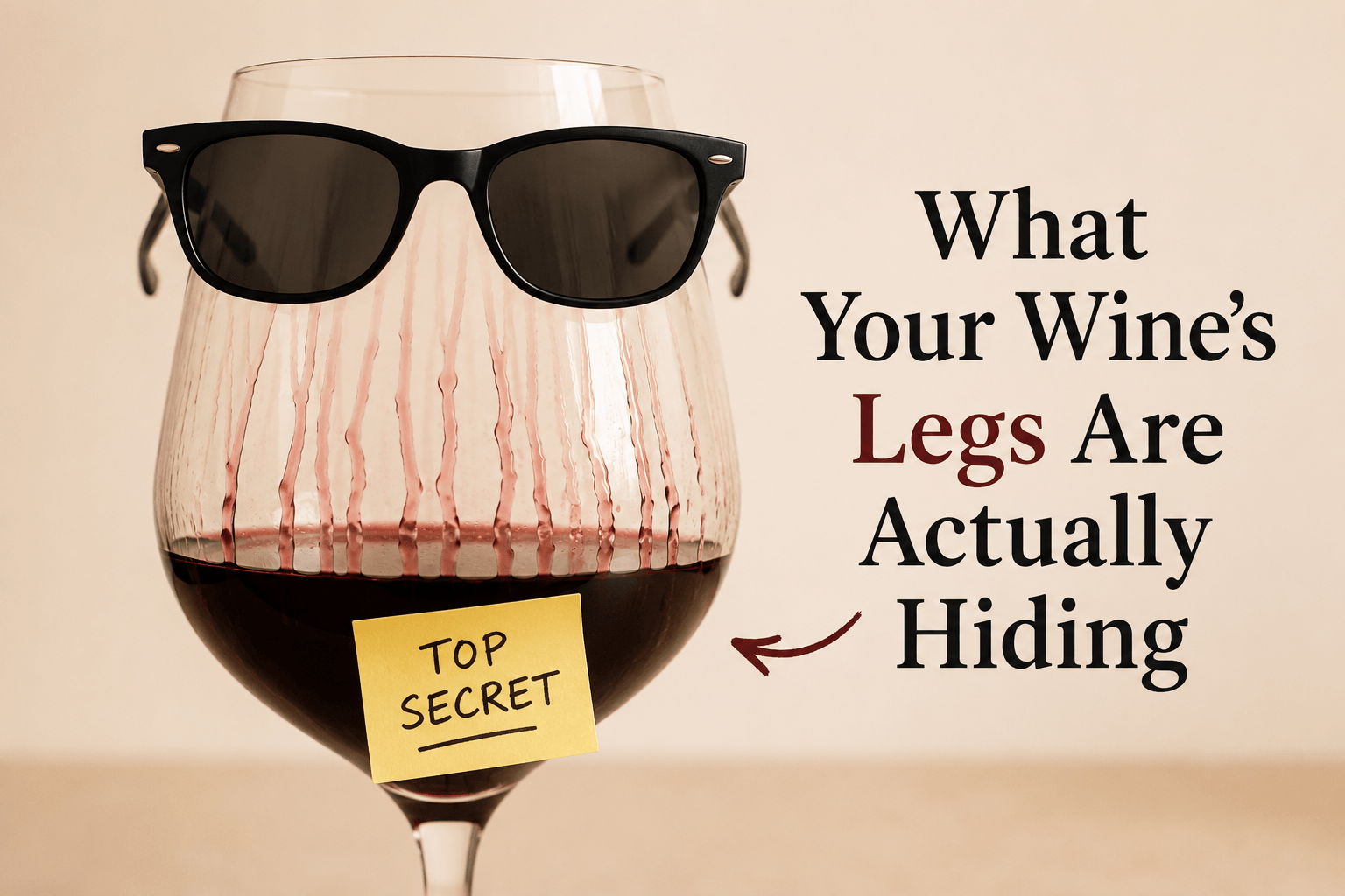 Minimal illustration of a wine glass with visible wine legs, wearing sunglasses and hiding a secret note, explaining what wine legs reveal about alcohol and body.