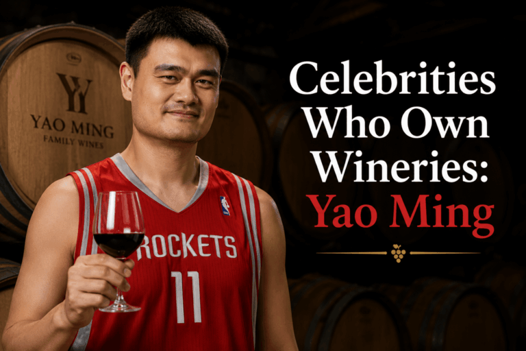 Former NBA star Yao Ming in his Houston Rockets jersey holding a glass of red wine inside a wine cellar, highlighting his transition from basketball legend to winery owner.