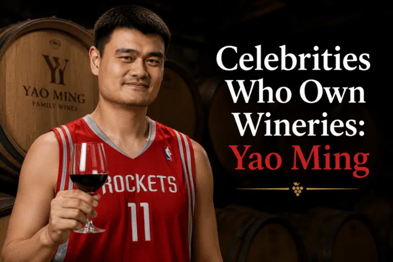 Former NBA star Yao Ming in his Houston Rockets jersey holding a glass of red wine inside a wine cellar, highlighting his transition from basketball legend to winery owner.