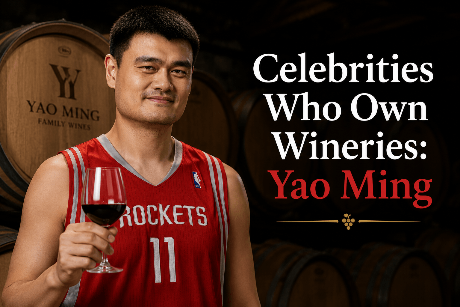 Former NBA star Yao Ming in his Houston Rockets jersey holding a glass of red wine inside a wine cellar, highlighting his transition from basketball legend to winery owner.