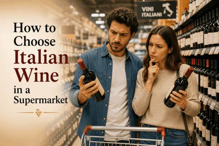 Confused couple comparing two bottles of Italian wine in a supermarket wine aisle while trying to choose the best bottle to buy.