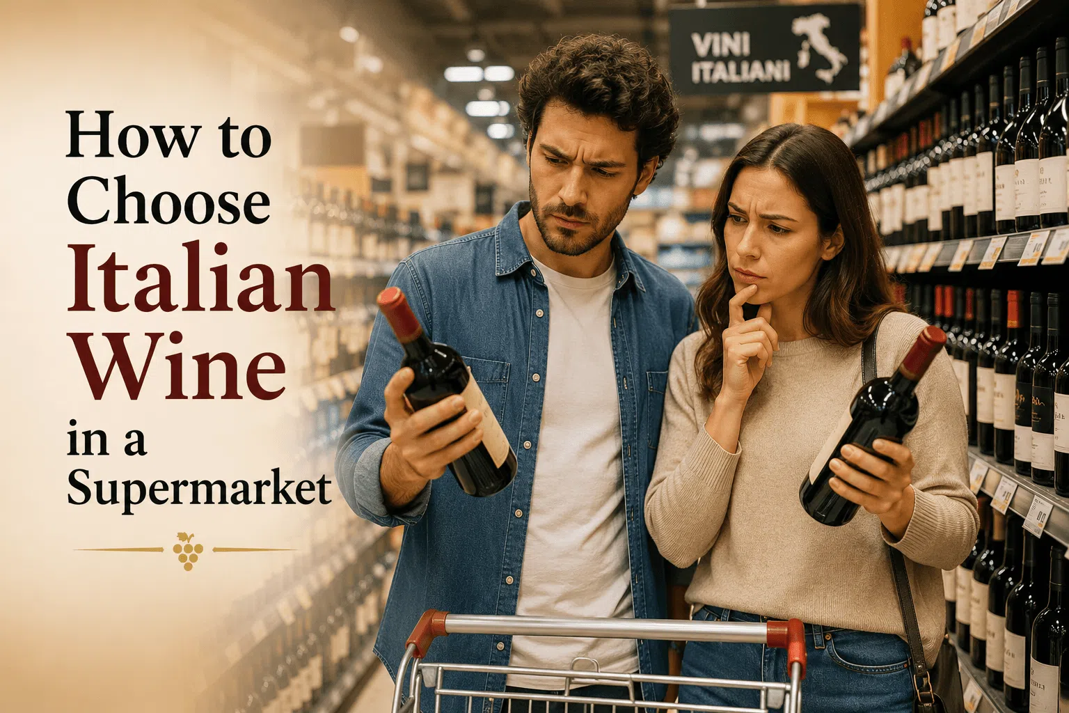 Confused couple comparing two bottles of Italian wine in a supermarket wine aisle while trying to choose the best bottle to buy.