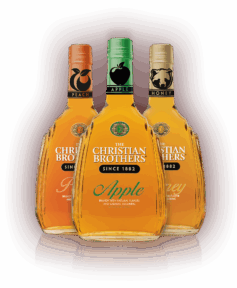 Bottle of Christian Brothers Brandy, an American brandy originally created by the Christian Brothers religious order, displayed on a wooden table.