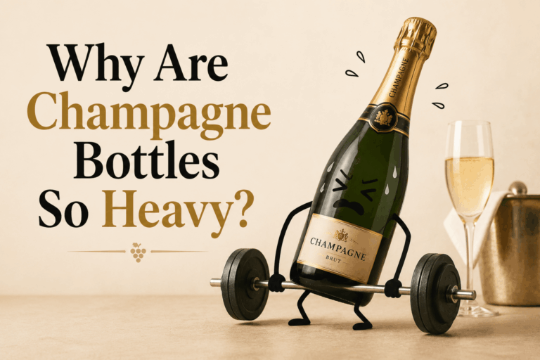 Funny illustration of a heavy Champagne bottle struggling to lift a barbell, explaining why Champagne bottles are made with thick, heavy glass.