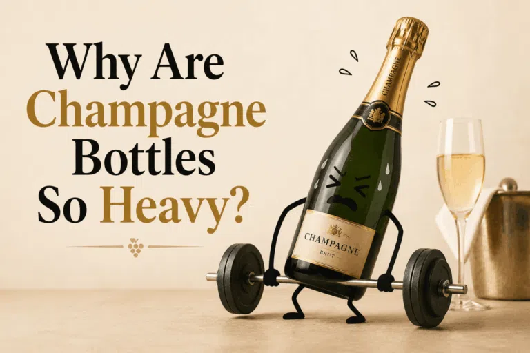 Funny illustration of a heavy Champagne bottle struggling to lift a barbell, explaining why Champagne bottles are made with thick, heavy glass.