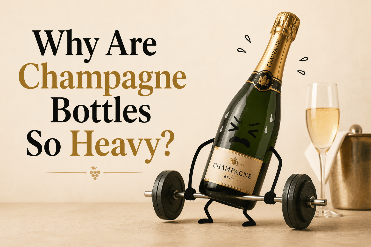 Funny illustration of a heavy Champagne bottle struggling to lift a barbell, explaining why Champagne bottles are made with thick, heavy glass.