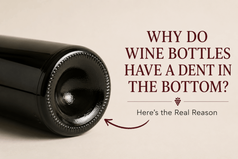 Close-up of a wine bottle showing the deep dent, or punt, in the bottom, illustrating why wine bottles have this distinctive design.