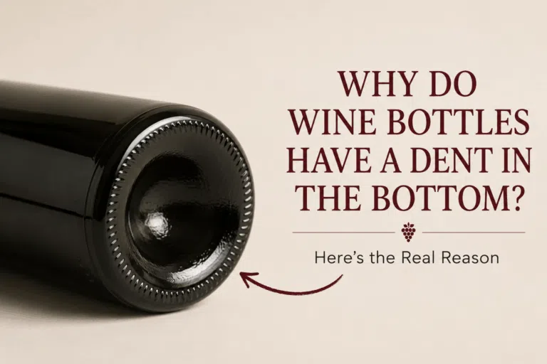 Close-up of a wine bottle showing the deep dent, or punt, in the bottom, illustrating why wine bottles have this distinctive design.