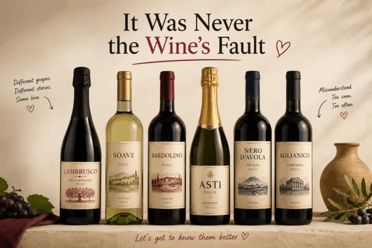 Six Italian wines including Lambrusco, Soave, Bardolino, Asti, Nero d'Avola and Aglianico