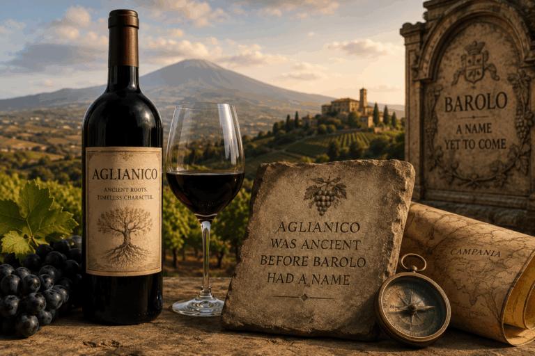 Bottle and glass of Aglianico wine with an ancient stone tablet and Campania vineyard landscape