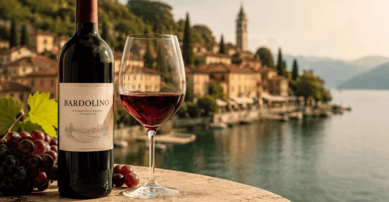 Bottle and glass of Bardolino red wine overlooking Lake Garda vineyards in Italy