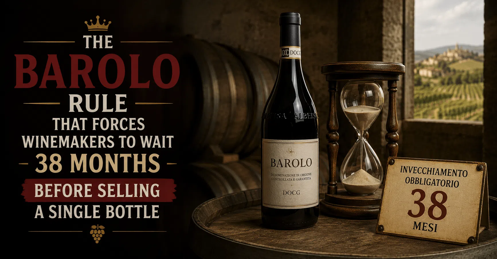 Barolo DOCG wine bottle beside an hourglass and oak barrels in a traditional Italian wine cellar, illustrating the mandatory 38-month aging rule before Barolo can be sold.