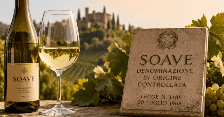 Bottle and glass of Soave white wine beside a historic Italian legal plaque in a vineyard, illustrating how Soave's reputation became protected by law.