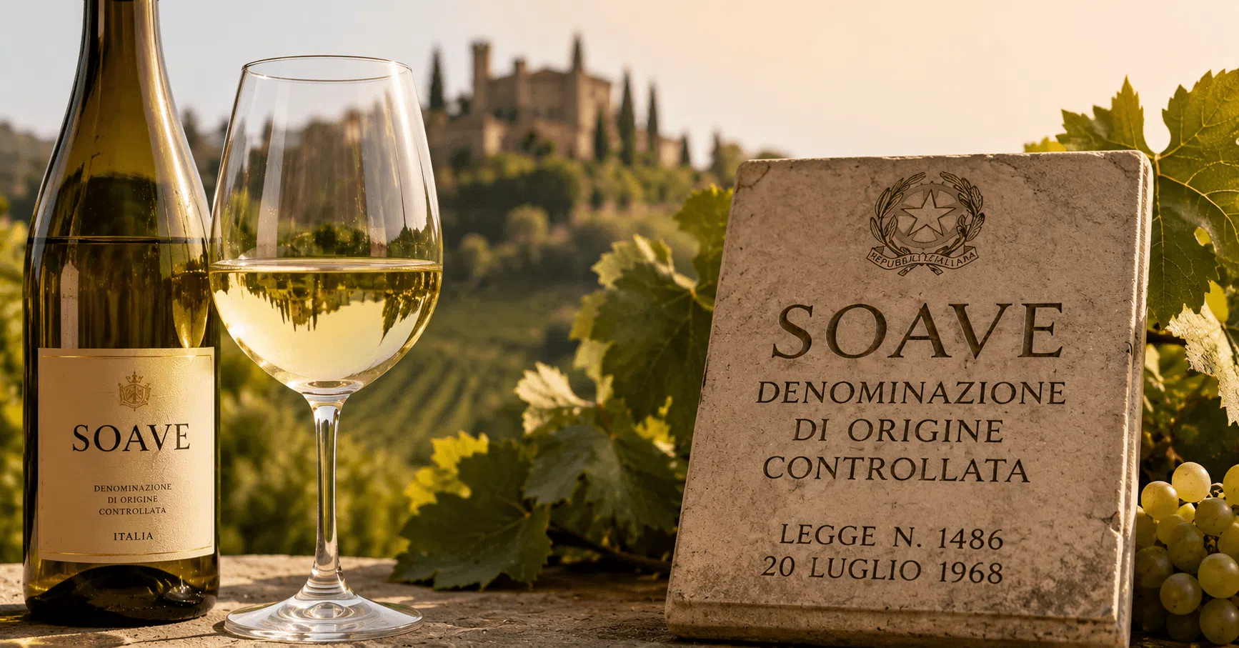 Bottle and glass of Soave white wine beside a historic Italian legal plaque in a vineyard, illustrating how Soave's reputation became protected by law.