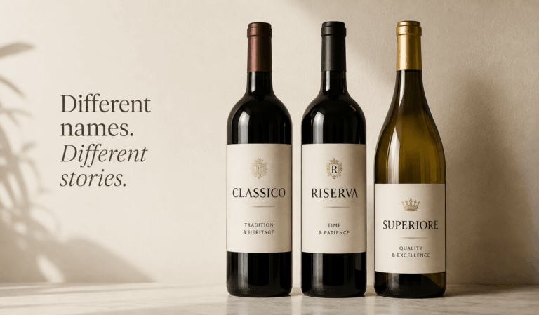 Three wine bottles labeled Classico, Riserva, and Superiore